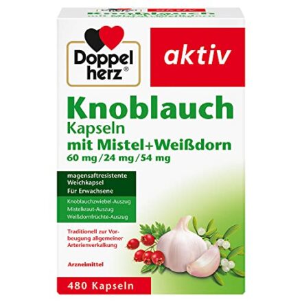 Doppelherz Knoblauch mit Mistel + Weißdorn - Traditionelles Arzneimittel zur Vorbeugung allgemeiner Arterienverkalkung - 480 Kapseln  