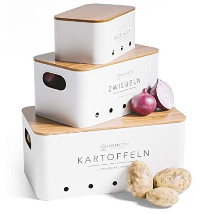 Homety Kartoffel Aufbewahrungsbox [3er Set]- Deko Küche - der ideale Weg für Zwiebel Aufbewahrung Kartoffel Aufbewahrung und Knoblauch Aufbewahrung (Weiss)  