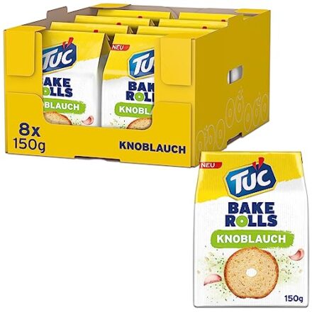 TUC Bake Rolls Knoblauch 8 x 150g I Knusprige Brotchips I Knabbergebäck Chips Großpackung  