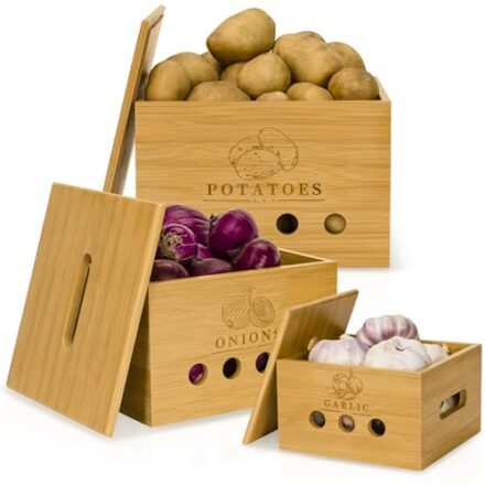 CALIDORO Premium Kartoffel Aufbewahrungsbox [3er Set] – Längerfrische Kartoffel Aufbewahrung, Knoblauch und Zwiebel Aufbewahrung – Bambus Holz Kartoffelbox, Zwiebeltopf, Knoblauchtopf  