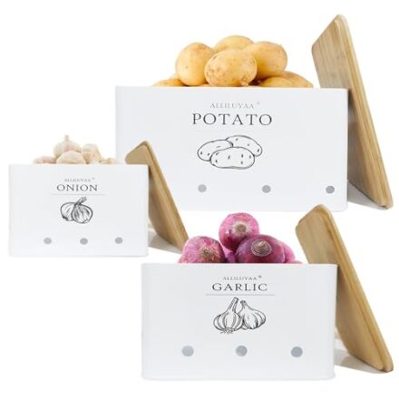 ALLILUYAA Kartoffel Aufbewahrungsbox,Zwiebel Aufbewahrung,Knoblauch Aufbewahrung,Stilvolle Zwiebeltopf für die Küche,mit Lüftungslöchern für Optimale Haltbarkeit,3er Set (Weiß)  