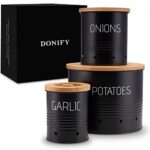 Donify® Vorratsbehälter 3er Set | praktische Aufbewahrung von Kartoffel, Zwiebel und Knoblauch | längere Frische durch raffiniertes Belüftungssystem | Deckel aus nachhaltigem Bambus |  