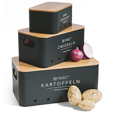 Homety Kartoffel Aufbewahrungsbox [3er Set]- hält Gemüse länger frisch-der ideale Weg für Zwiebel Kartoffel Aufbewahrung und Knoblauch Aufbewahrung (Schwarz)  